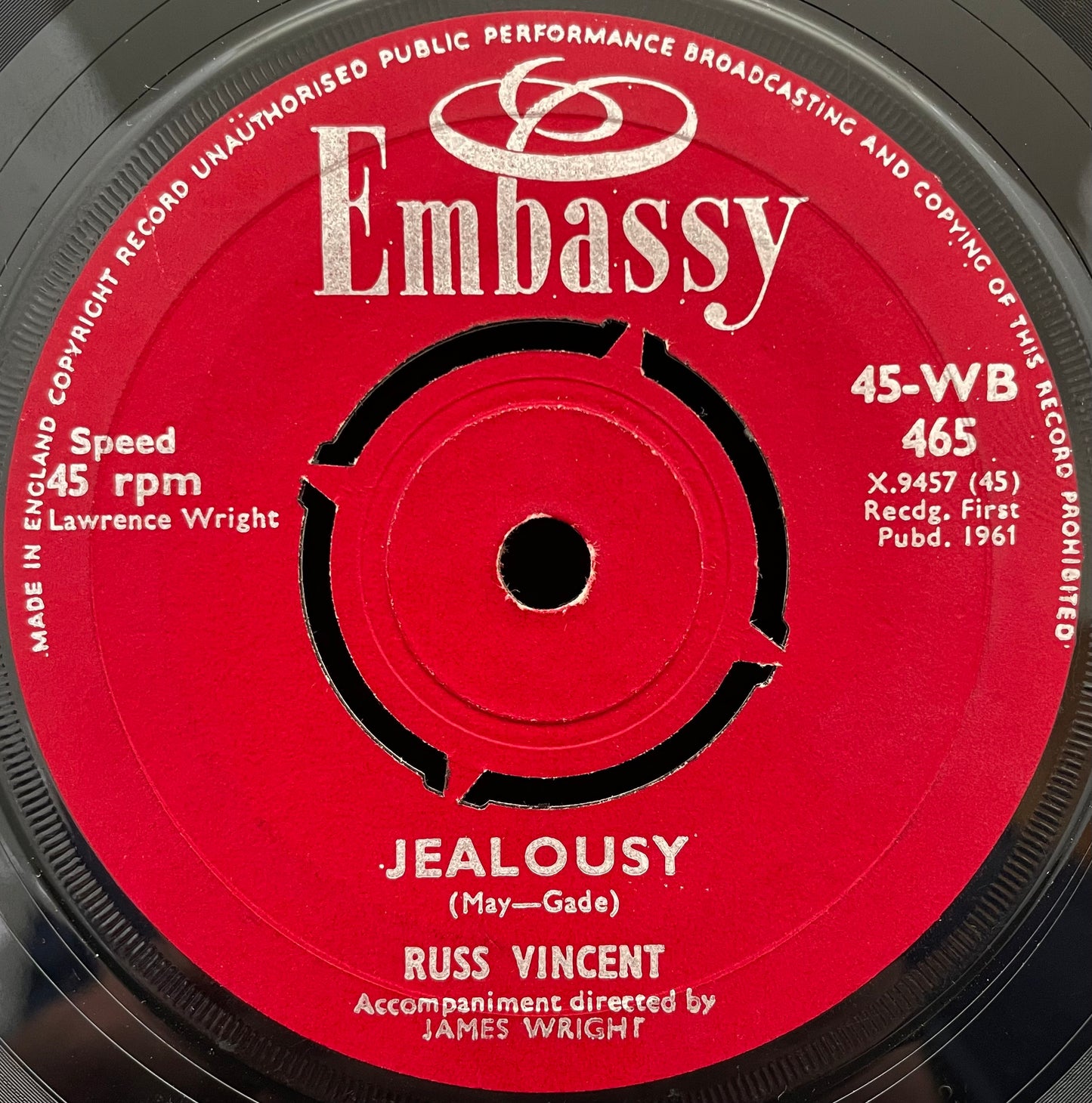 Russ Vincent – Jealousy / Hats Of To Larry – USED Vinyl 7" Single