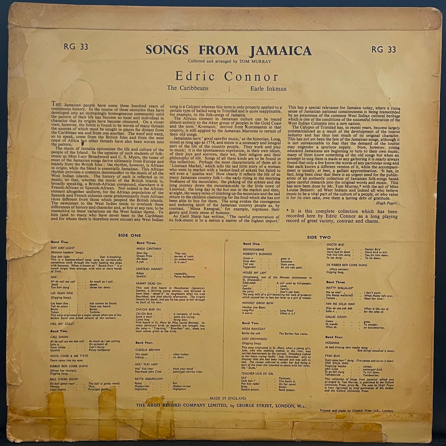 Edric Connor And The Caribbeans – Songs From Jamaica - USED Vinyl LP - MONO