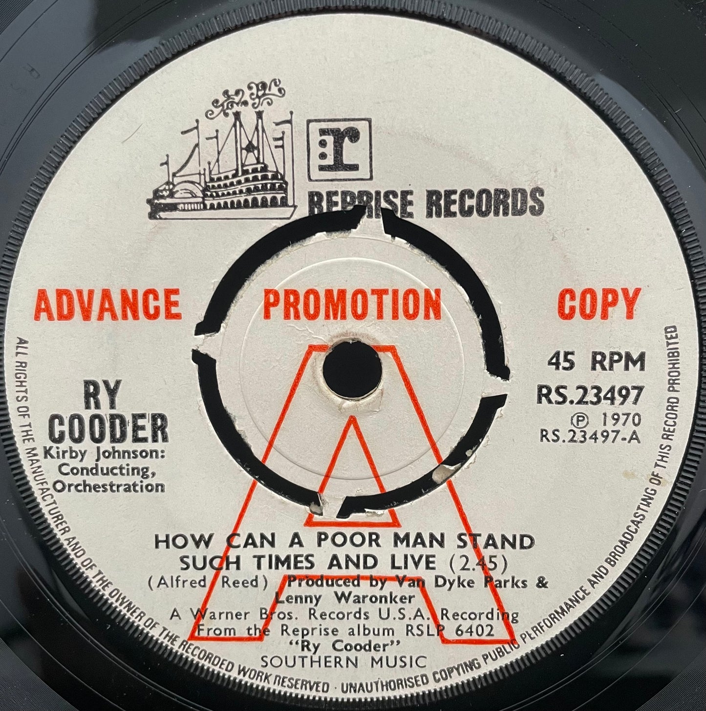 Ry Cooder–How Can A Poor Man Stand Such Times And Live–USED Vinyl 7" Single PROMO