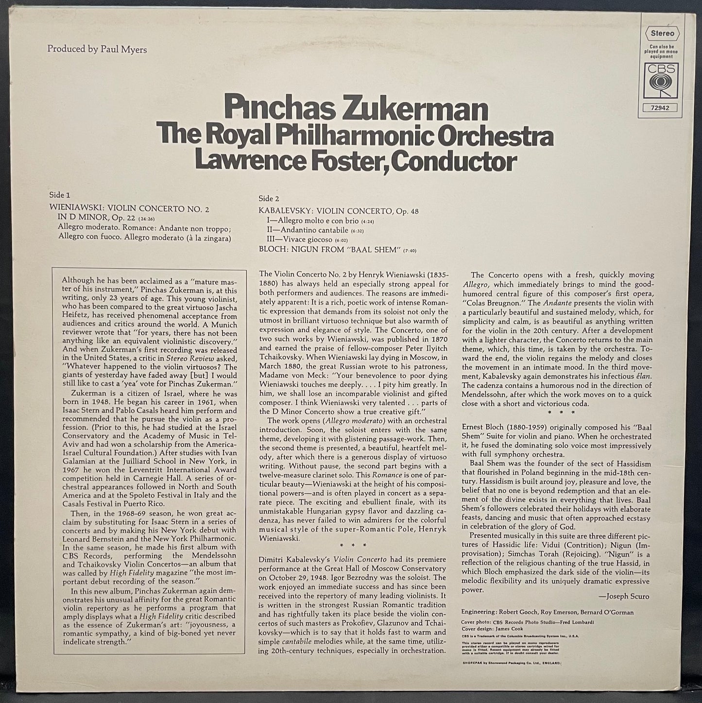 Pinchas Zukerman, Wieniawski, Kabalevsky, Bloch,‎– Violin Concerto No. 2– USED Vinyl LP