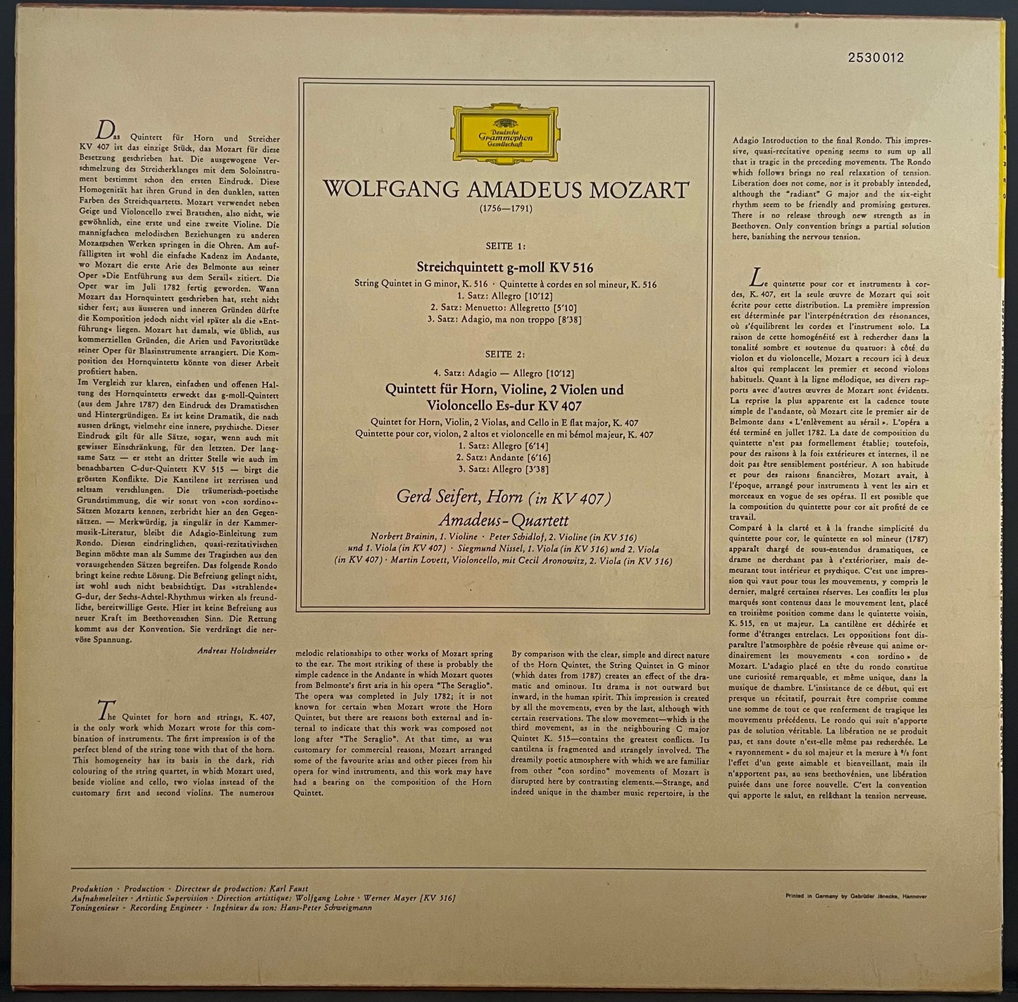 Mozart – Streichquintett G-Moll KV 516 · Hornquintett Es-Dur KV 407- USED Vinyl LP