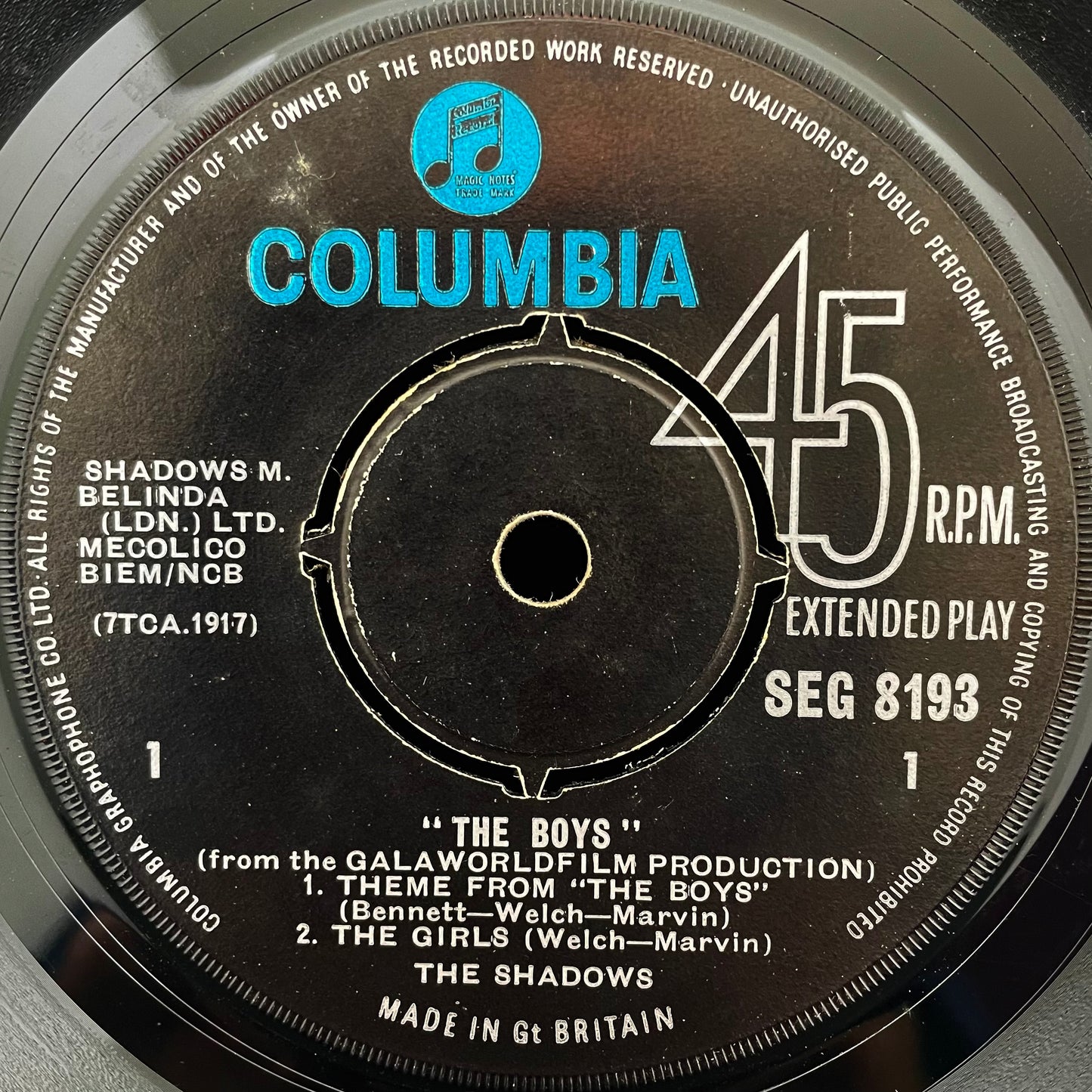 The Shadows – Theme Music From "The Boys" – USED Vinyl 7" EP - MONO