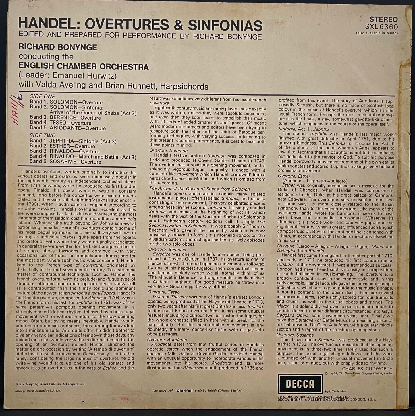 Handel, Richard Bonynge – Overtures & Sinfonias - USED Vinyl LP