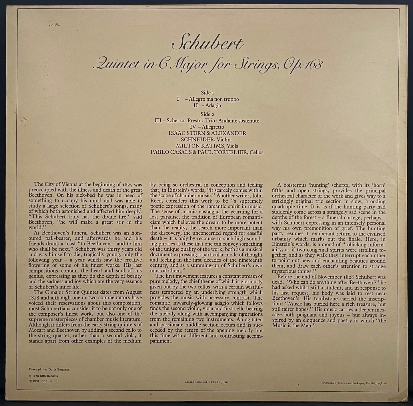 Schubert – Quintet In C Major For Strings, Op. 163 – USED Vinyl LP - MONO