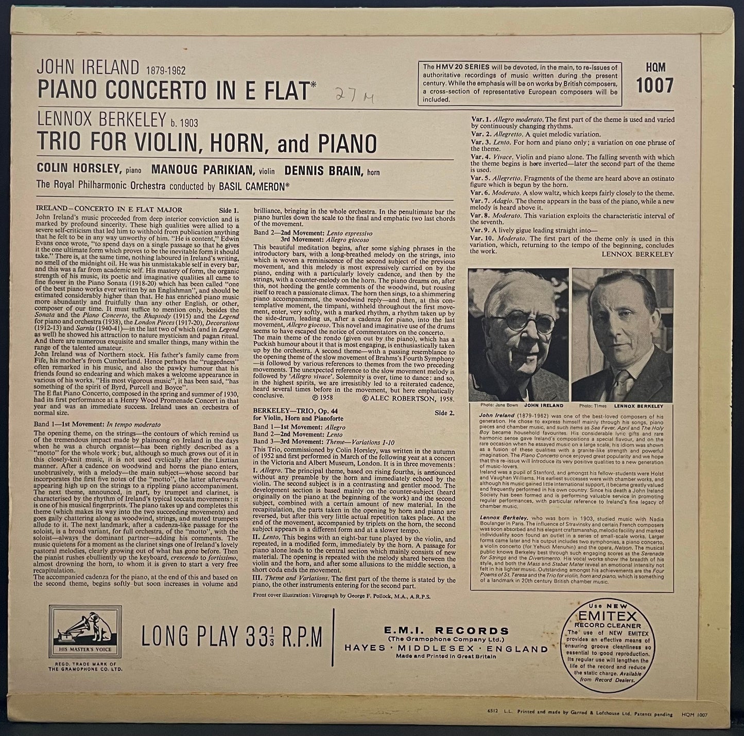 J. Ireland, L. Berkeley – Piano Concerto, Trio For Violin, Horn & Piano – USED Vinyl LP MONO