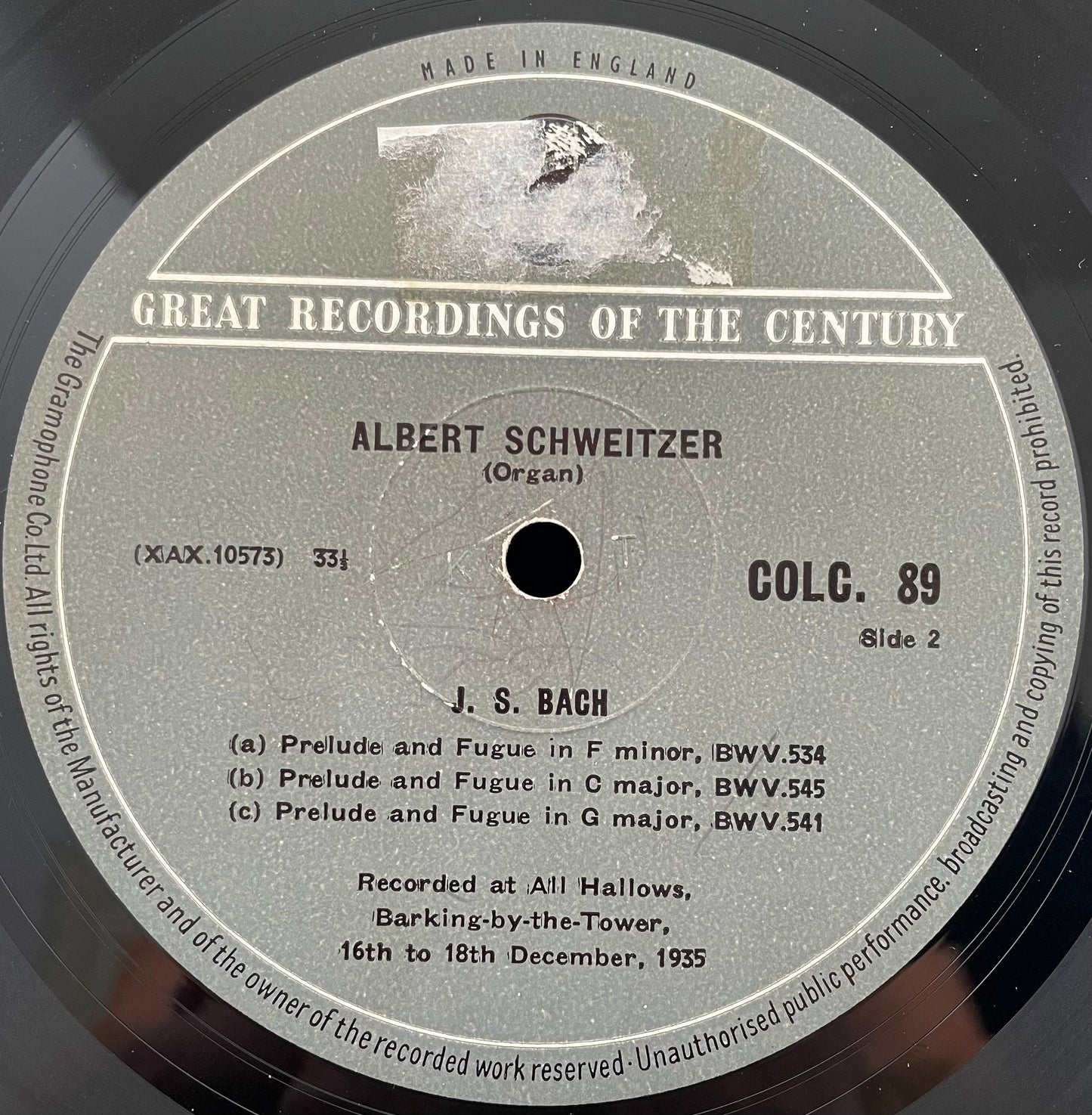 Bach / Albert Schweitzer – Bach Recital - USED Vinyl LP - MONO