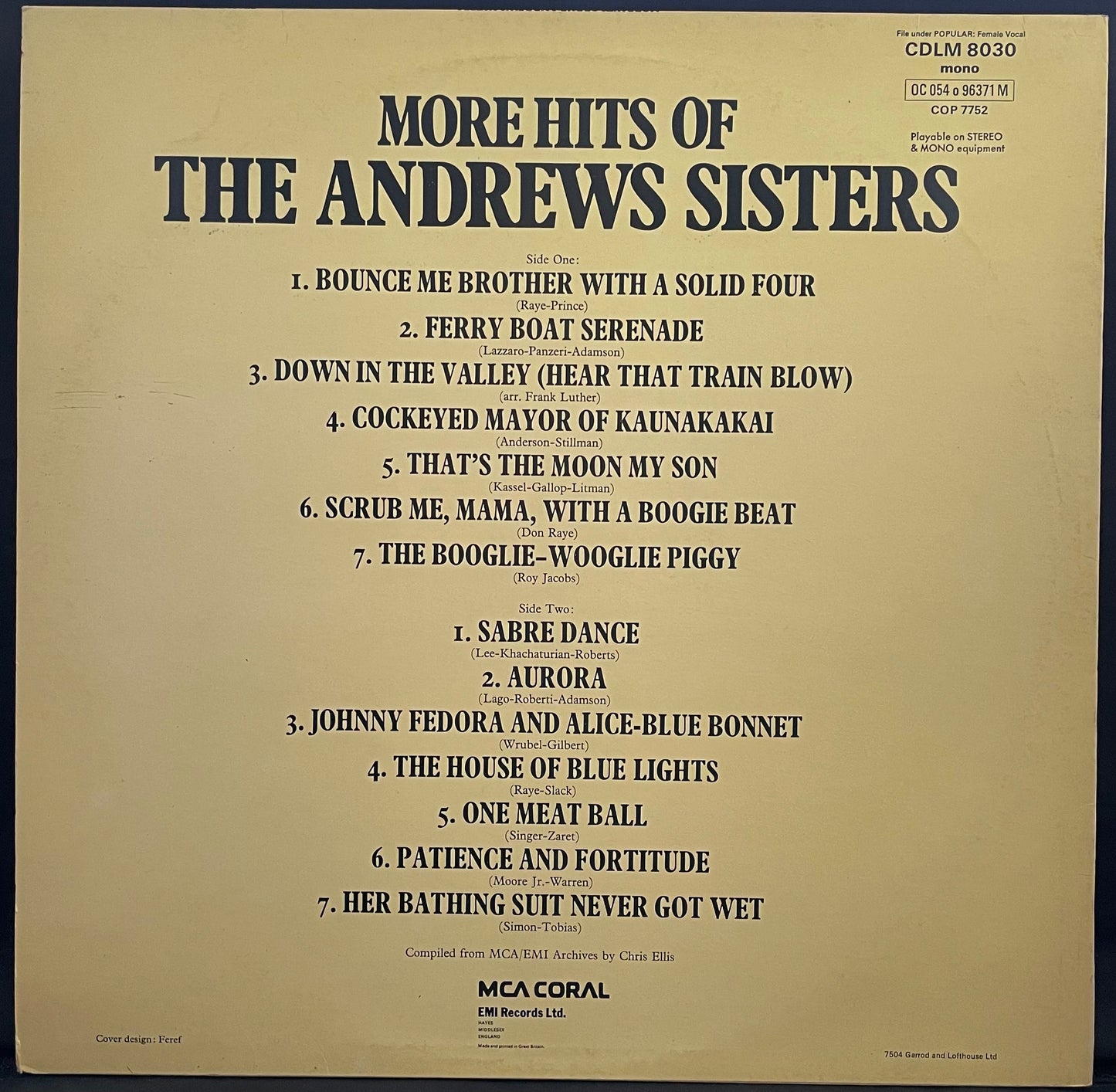 The Andrews Sisters – More Hits Of The Andrews Sisters – USED Vinyl LP - MONO