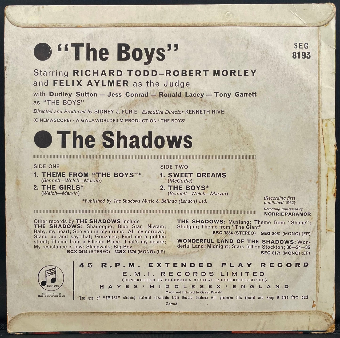 The Shadows – Theme Music From "The Boys" – USED Vinyl 7" EP - MONO