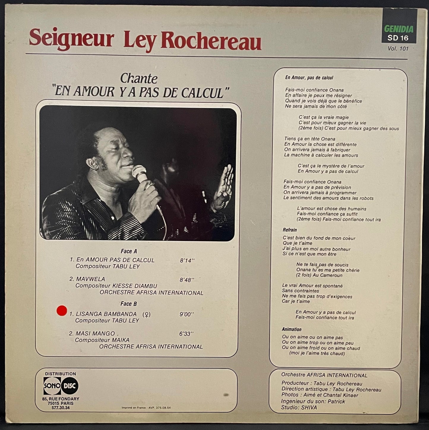 Seigneur Ley Rochereau (avec) L'Afrisa – En Amour Y A Pas De Calcul – USED Vinyl LP