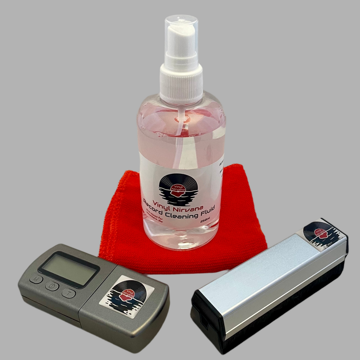 Vinyl Record Care Bundle 2 - Cleaning Fluid, Carbon Fibre/Velvet Brush, Tracking Force Scale & Microfibre Cloth