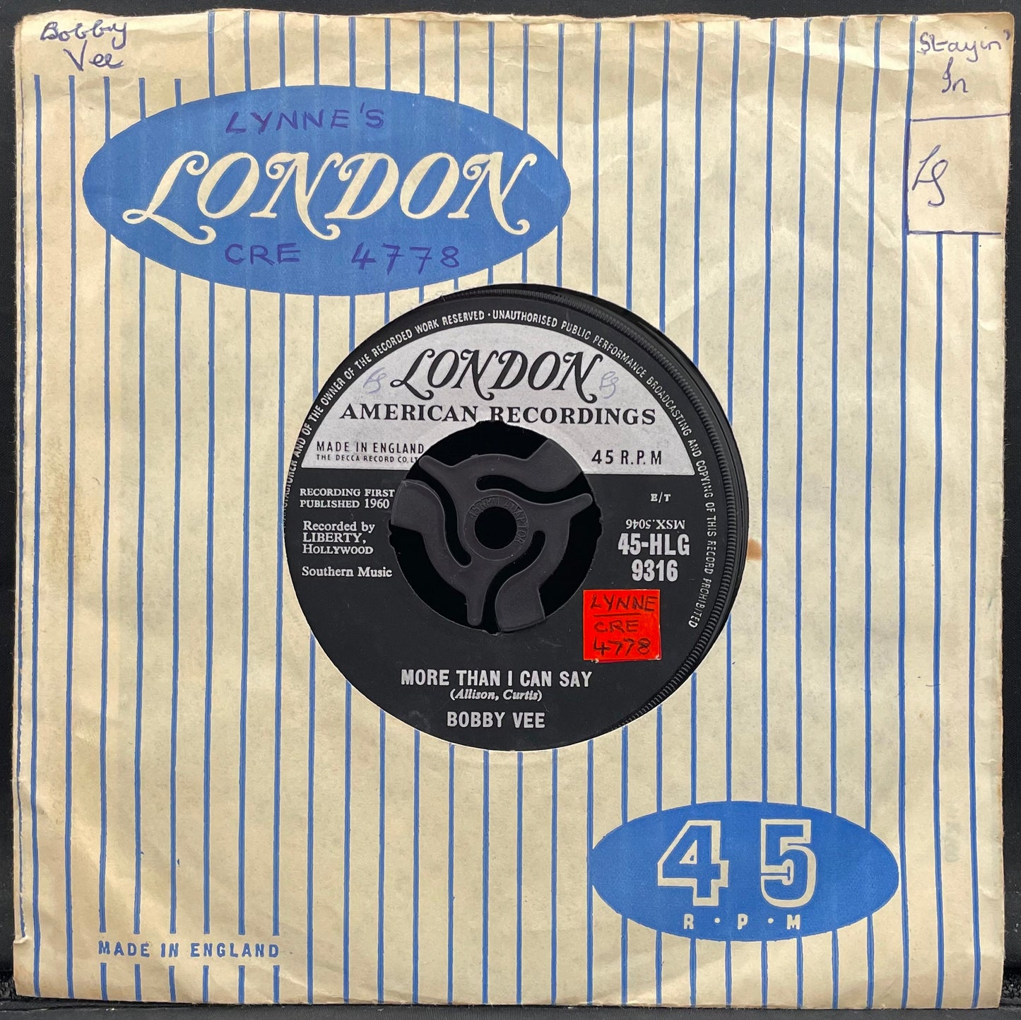 Bobby Vee – More Than I Can Say / Stayin' In – USED Vinyl 7" Single