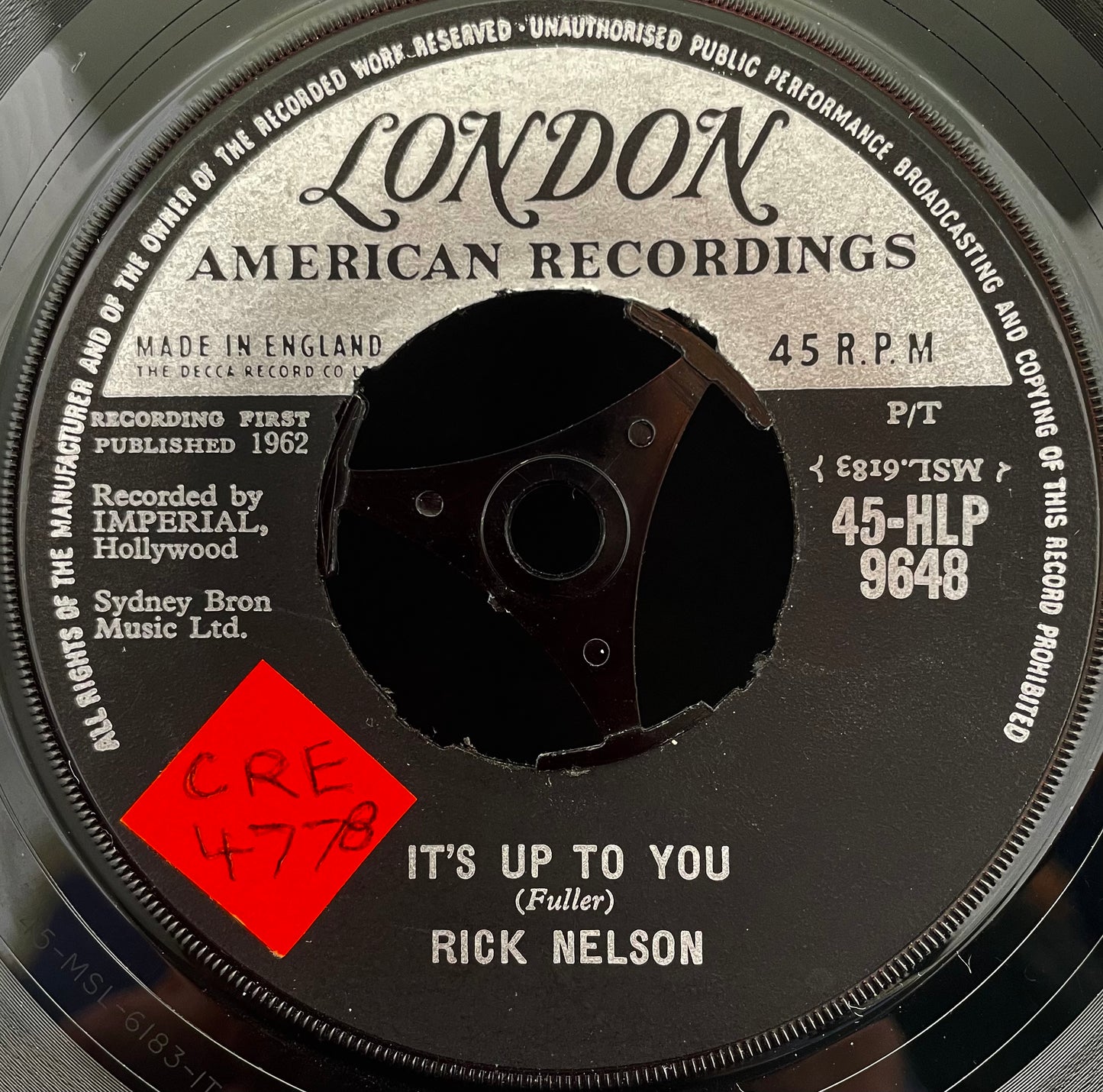 Rick Nelson – It's Up To You – USED Vinyl 7" Single