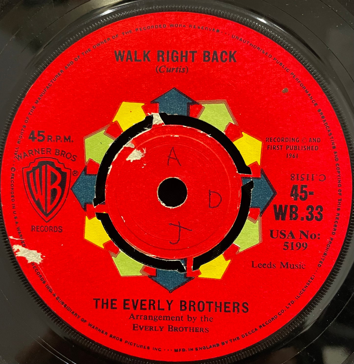 The Everly Brothers – Walk Right Back – USED Vinyl 7" Single